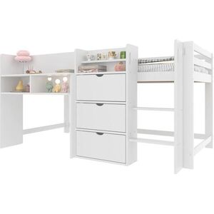 OKWISH POLOPATROVÁ postel 90/200 cm bílá z borovice s úložnými regály a žebříkem obraz