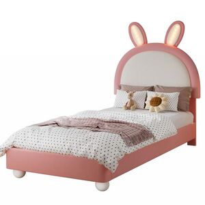 OKWISH ČALOUNĚNÁ postel 90/200 cm růžová z PU s LED osvětlením a čelem ve tvaru králíka obraz