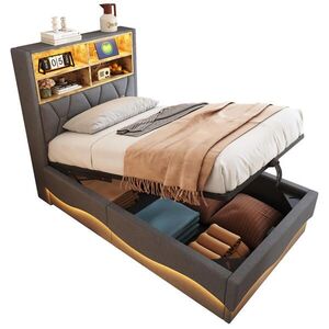 WISHDOR DĚTSKÁ POSTEL 90x200 cm šedá s lněným vzhledem, úložným prostorem, LED osvětlením a USB portem obraz