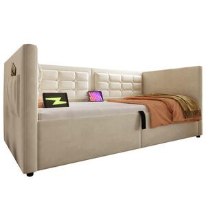 WISHDOR ROZKLÁDACÍ POHOVKA 90/200 cm v béžovém sametu s úložným prostorem, USB a Type-C obraz