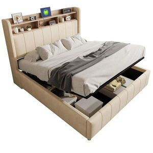WISHDOR ČALOUNĚNÁ POSTEL 160x200 cm béžová s lněným vzhledem, úložným prostorem, LED osvětlením, USB a Type-C portem obraz