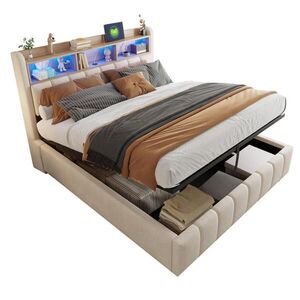 WISHDOR ČALOUNĚNÁ POSTEL 180x200 cm béžová s lněným vzhledem, úložným prostorem, LED osvětlením, USB a Type-C portem obraz