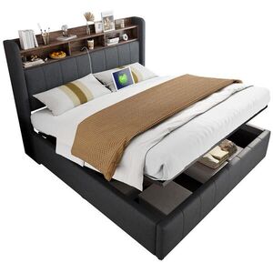 WISHDOR ČALOUNĚNÁ POSTEL 160x200 cm šedá s lněným vzhledem, úložným prostorem, LED osvětlením, USB a Type-C portem obraz