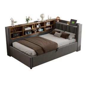 FLIEKS ČALOUNĚNÁ POSTEL, 90×200 cm, sametová, LED, USB, šedá obraz