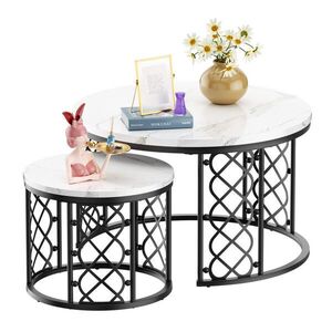OKWISH SADA dvou konferenčních stolků 70/70/45 cm a 45/45/37 cm bílá a černá, skládatelné s ocelovým rámem obraz