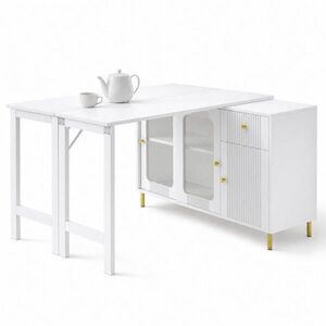 STILVORA KOMODA bílá se skládací a výsuvnou deskou, skleněnými posuvnými dvířky, 122×40×82 cm obraz