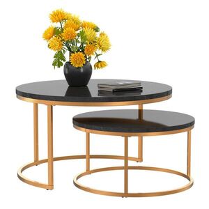 OKWISH KULATÁ sada dvou konferenčních stolků černá a zlatá s pevným železným rámem a deskou MDF 80/80/45 + 60/60/33, 5 cm obraz