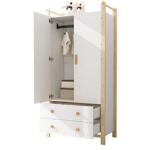 Modfu ŠATNÍ skříň z borovice a deskového materiálu 89, 6x44x180, 5 cm přírodní/bílá se šatní tyčí a 2 zásuvkami obraz