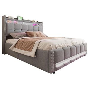 Modfu ČALOUNĚNÁ postel z lněné tkaniny 160x200 cm světle šedá s LED osvětlením, USB portem a hydraulickým úložným prostorem obraz
