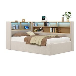 OKWISH DENNÍ postel 90/200 cm béžová ze sametu s LED, USB-C a hydraulickým úložným prostorem obraz