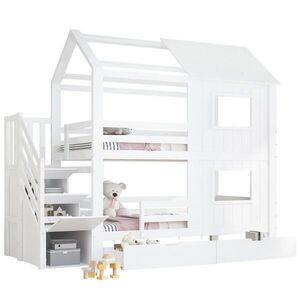 OKWISH PATROVÁ postel 90/200 cm bílá z borovice a MDF se schodišťovou skříňkou obraz