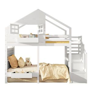 OKWISH PATROVÁ postel 90/200 cm bílá z masivního borovicového dřeva s úložným schodem a oknem obraz