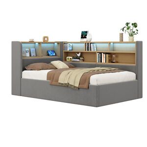 OKWISH DENNÍ postel 90/200 cm šedá z sametu s LED osvětlením USB-C a hydraulickým úložným prostorem obraz