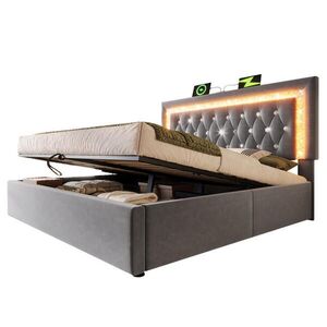 Redom ČALOUNĚNÁ postel 140/200 cm s LED osvětlením, USB a Type-C nabíjením, hydraulickým úložným prostorem, Šedá obraz