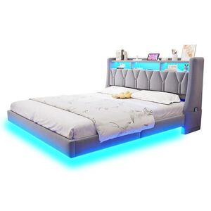 WISHDOR ČALOUNĚNÁ POSTEL 180 × 200 cm ve světle šedém sametu s LED osvětlením, USB, USB-C a odkládací policí obraz