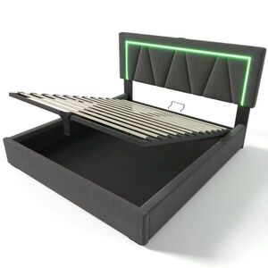 WISHDOR ČALOUNĚNÁ POSTEL 140 × 200 cm v šedém lnu s úložným prostorem, LED osvětlením a USB/USB-C obraz