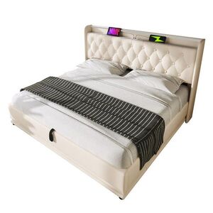 WISHDOR ČALOUNĚNÁ POSTEL 140 × 200 cm v bílé barvě s úložným prostorem, LED osvětlením a USB/USB-C obraz