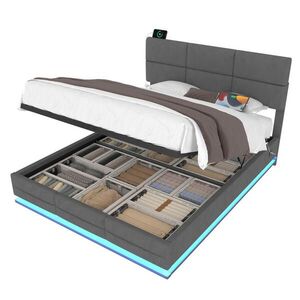 WISHDOR ČALOUNĚNÁ POSTEL 180 × 200 cm v tmavě šedém sametu s úložným prostorem, LED osvětlením a USB/USB-C obraz
