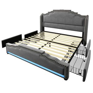 FLIEKS ČALOUNĚNÁ POSTEL 140x200 Šedá Samet LED Zásuvky obraz