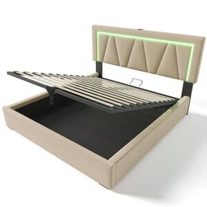 WISHDOR ČALOUNĚNÁ POSTEL 140 × 200 cm v béžovém lnu s úložným prostorem, LED osvětlením a USB/USB-C obraz