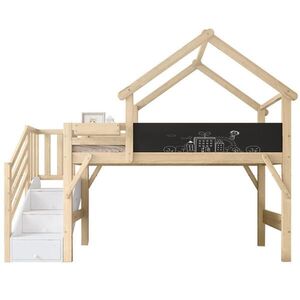 OKWISH PATROVÁ postel 90/200 cm bílá s graffiti tabulí a úložnými schody z borovice a MDF obraz