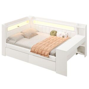 OKWISH DENNÍ postel 140/200 cm bílá z MDF a překližky s čalouněním, LED, USB, psacím stolem a 2 zásuvkami obraz