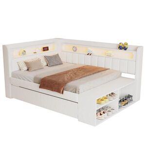 OKWISH ČALOUNĚNÁ postel 90/200 cm bílá z MDF a překližky s LED osvětlením, USB a botníkem obraz