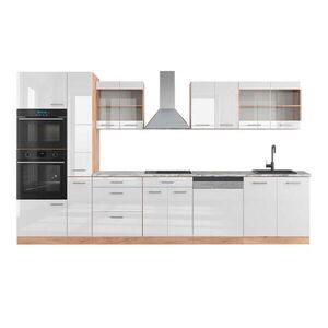 Vicco KUCHYŇSKÝ KOUT R-Line Bílý vysoký lesk/zlatý dub power 350 cm s vysokou skříní, PD Mramor obraz