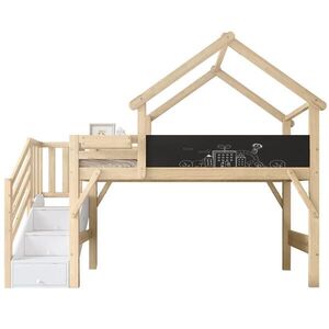 Modfu PATROVÁ postel ze dřeva 90x200 cm bílá/přírodní se střechou, tabulí, úložnými schody a ochrannou zábranou obraz
