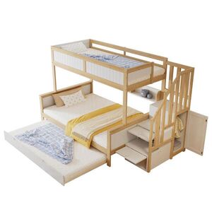 Modfu PATROVÁ postel z borovice a MDF 90x200 cm bílá/přírodní s výsuvným lůžkem, skříní a úložnými schody obraz