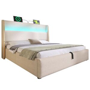 Modfu ČALOUNĚNÁ postel z lněné tkaniny 140x200 cm béžová s LED, USB, Type-C a hydraulickým úložným prostorem obraz