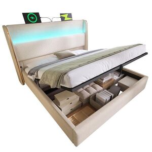 OKWISH ČALOUNĚNÁ postel 160/200 cm béžová z lnu, dřeva a kovu s LED osvětlením, USB/Type-C a úložným prostorem obraz