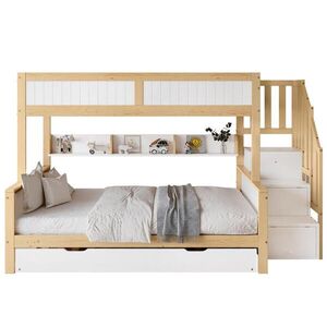 OKWISH PATROVÁ postel 90/200 a 120/200 cm bílá přírodní s výsuvnou postelí a úložnými schody z borovice a MDF obraz