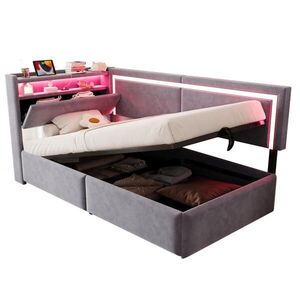 Redom ČALOUNĚNÁ postel 90/200 cm s LED osvětlením, USB portem a hydraulickým úložným prostorem, Světle šedá obraz