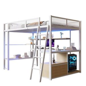 Redom VYSOKÁ postel 140/200 cm s LED osvětlením, integrovaným pracovním stolem a úložným prostorem, Bílá obraz