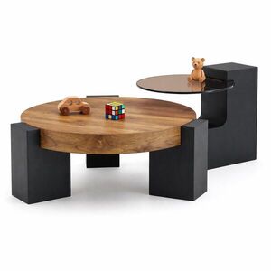 STILVORA SADA KONFERENČNÍCH STOLŮ v černé a přírodní barvě se skleněnou deskou do obýváku 44x62x44 cm, Ø61x30 cm obraz
