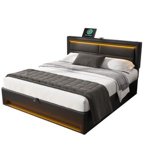 FLIEKS ČALOUNĚNÁ POSTEL 140x200 Černá PU LED USB Úložný Prostor obraz