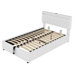 WISHDOR ČALOUNĚNÁ POSTEL 140/200 cm v bílé lněné látce s úložným prostorem, LED osvětlením, USB a Type-C obraz