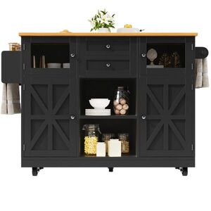 Redom KUCHYŇSKÝ ostrůvek 140/70/93, 5 cm s výklopnou deskou, úložným prostorem, kolečky a držákem na utěrky, Černá obraz