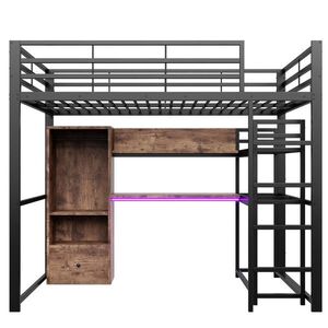 Urban Meuble VYVÝŠENÁ POSTEL kovová 140x200 cm, černá s psacím stolem a LED osvětlením obraz