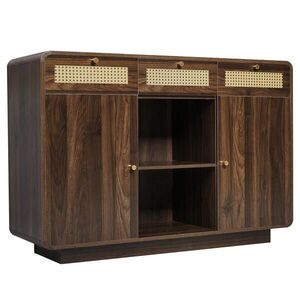 Urban Meuble SIDEBOARD ořech, ratanová čela, zlaté úchytky 3 zásuvky, 2 skříňky, výškově nastavitelné police obraz