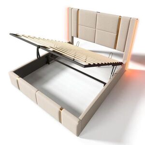 Urban Meuble ČALOUNĚNÁ POSTEL lněná béžová, LED, USB-C, úložný prostor, 160x200 cm obraz