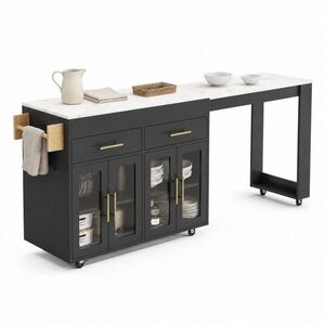 STILVORA KUCHYŇSKÝ OSTROV v bílé a černé barvě s kolečky a rozkládací deskou do jídelny, Š132, 5–217/H50/V93 cm obraz
