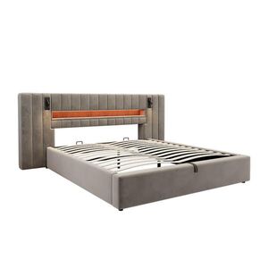Urban Meuble ČALOUNĚNÁ POSTEL 180x200 cm samet šedá s úložným prostorem LED osvětlením USB porty a lampičkami na čtení obraz