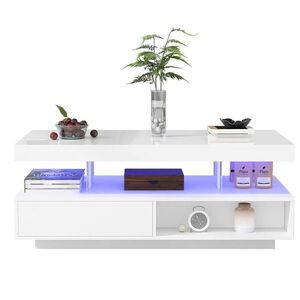 OKWISH KONFERENČNÍ stolek 95/50/42, 5 cm bílý z dřevotřísky s LED osvětlením a 2 zásuvkami obraz