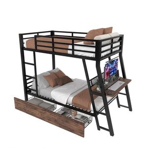 OKWISH PATROVÁ postel 90/200 cm černá kovová s psacím stolem a LED obraz