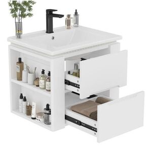 OKWISH KOUPELNOVÁ závěsná skříňka 60/46/48, 5 cm bílá z MDF a keramiky s LED senzorem a umyvadlem obraz