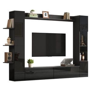 FLIEKS OBÝVACÍ STĚNA 4dílná, TV stolek, vitrína, černá obraz
