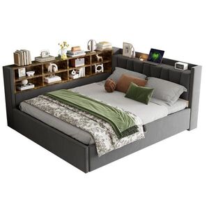 WISHDOR ROZKLÁDACÍ POHOVKA 140/200 cm v tmavě šedém sametu s úložným boxem, LED osvětlením, USB, Type-C a odkládacími přihrádkami obraz