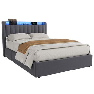 WISHDOR ČALOUNĚNÁ POSTEL 140/200 cm v šedé barvě, s úložným prostorem, USB a LED osvětlením, bez matrace obraz